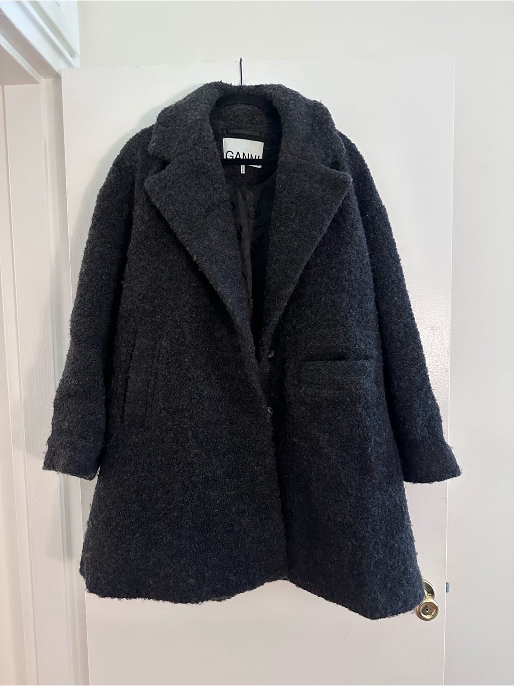 Ganni Black Boucl Wool Blend Coat